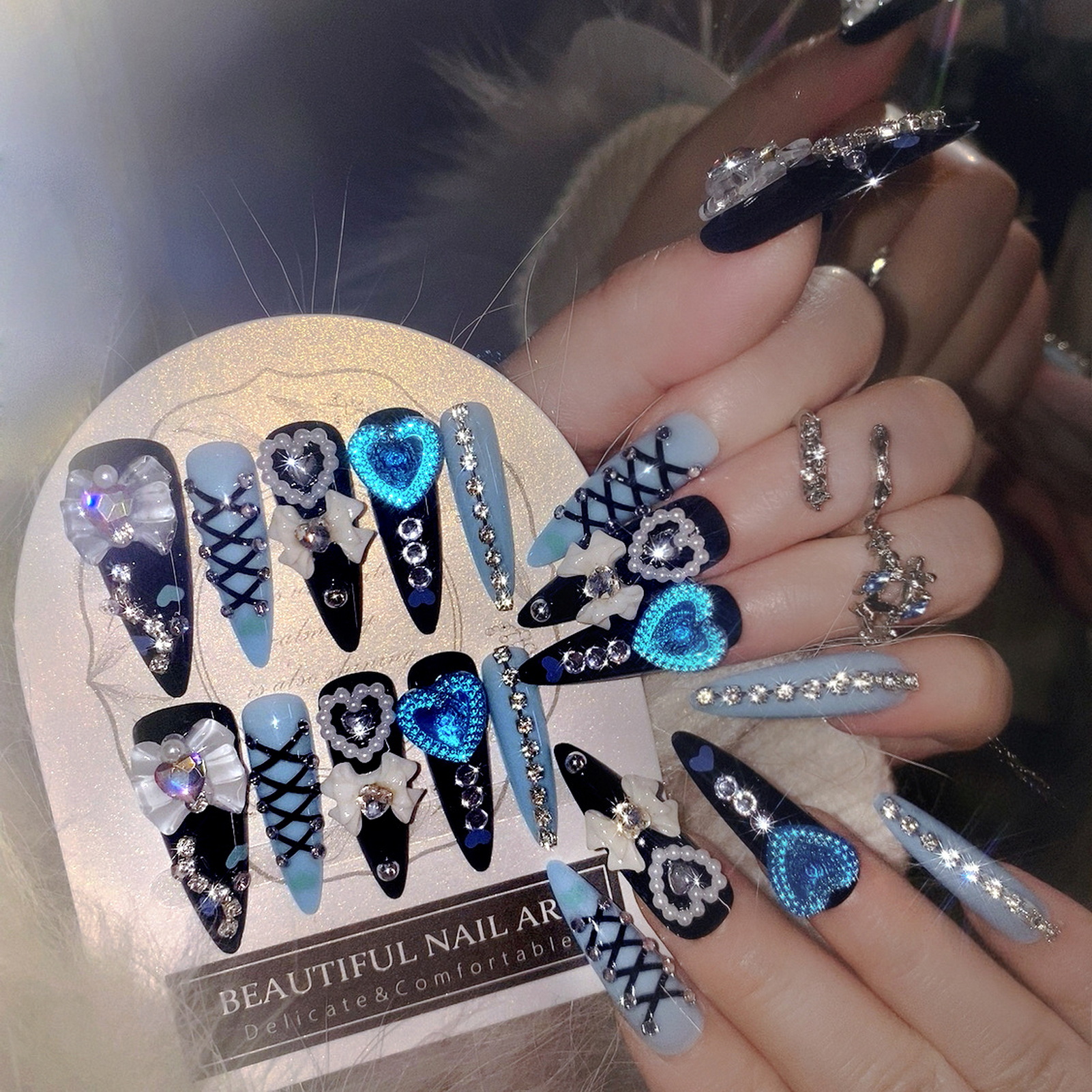 Nail Art Glitter - 24pcs 3D Bow Decor False Nails