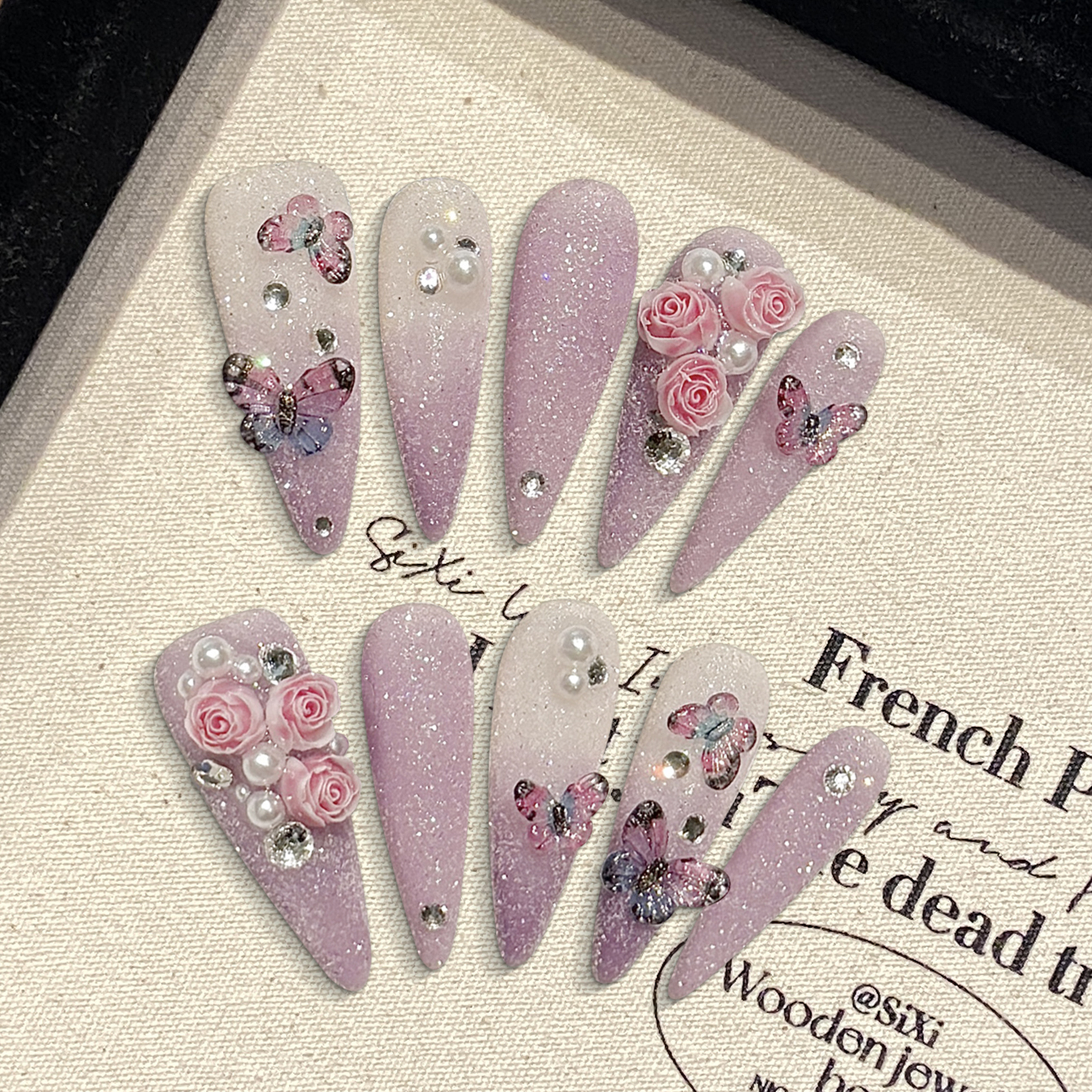 Nail Art Glitter - 10pcs Long Stiletto Handmade Fake Nails
