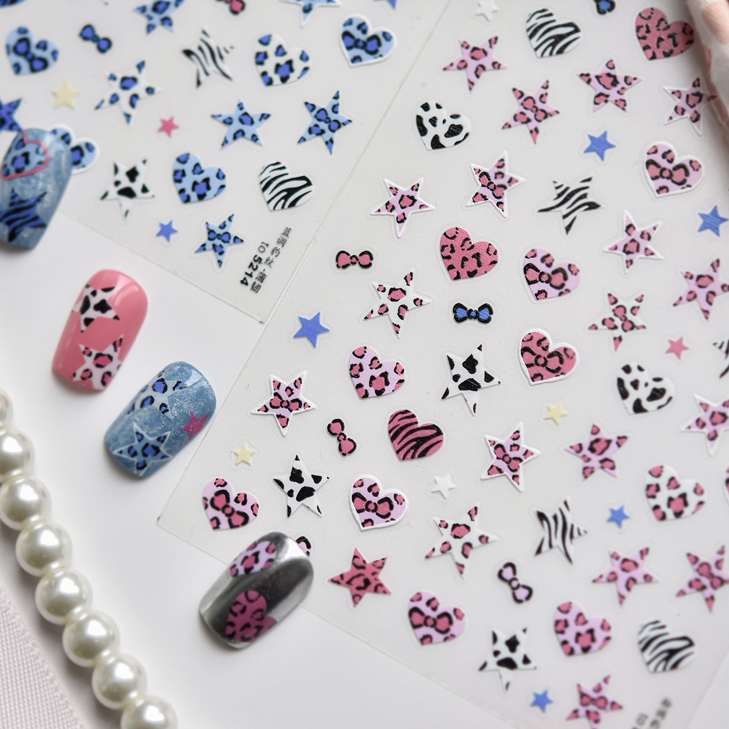 Nail Art Zebra Design - Blue And Pink Star Shaped Heart