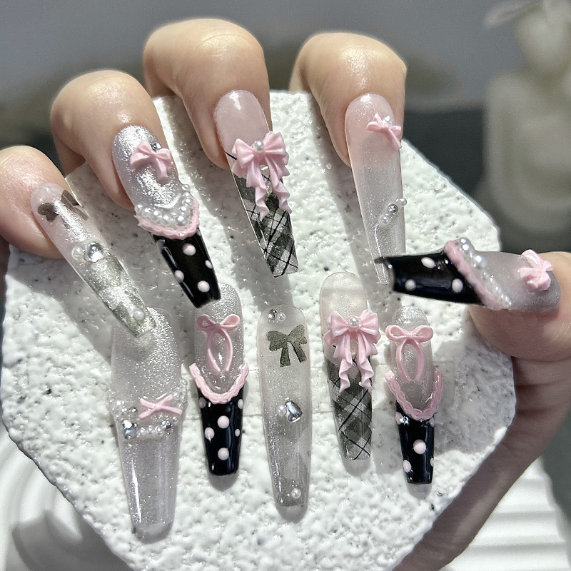 Nail Art Glitter - 10PCS Y2K Black Pink French Handmade