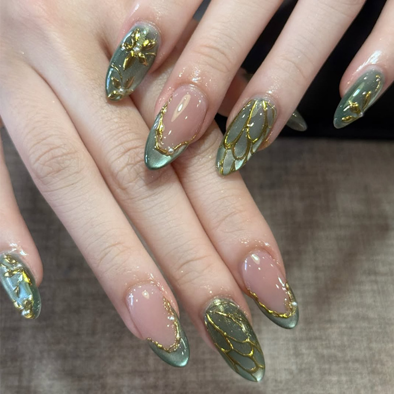 Nail Art French Nails - 24pcs Green Cat Eye Fake Nails