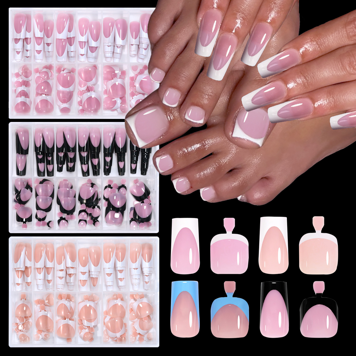 Nail Art French Nails - 144pcs French Black Pink Hand&Foot WearIng