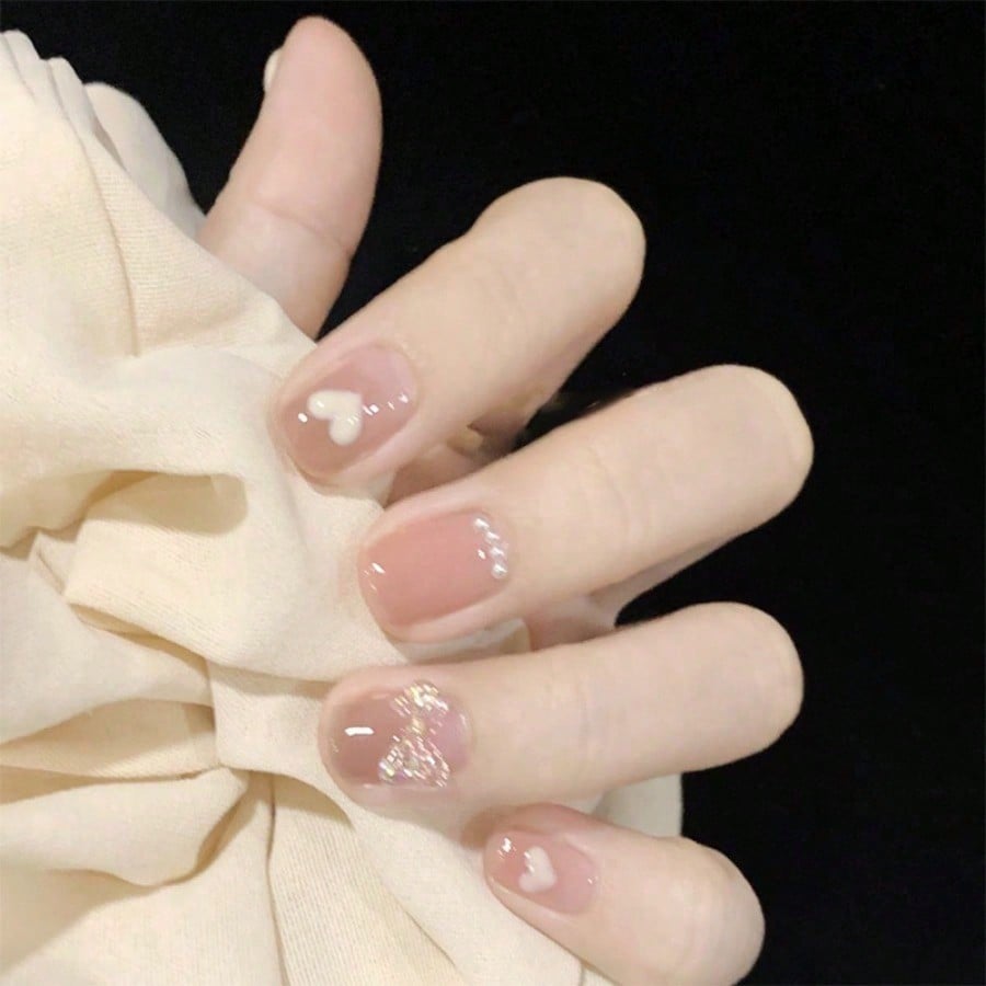 Nail Art Glitter - Women Nude Pink Press On Nails