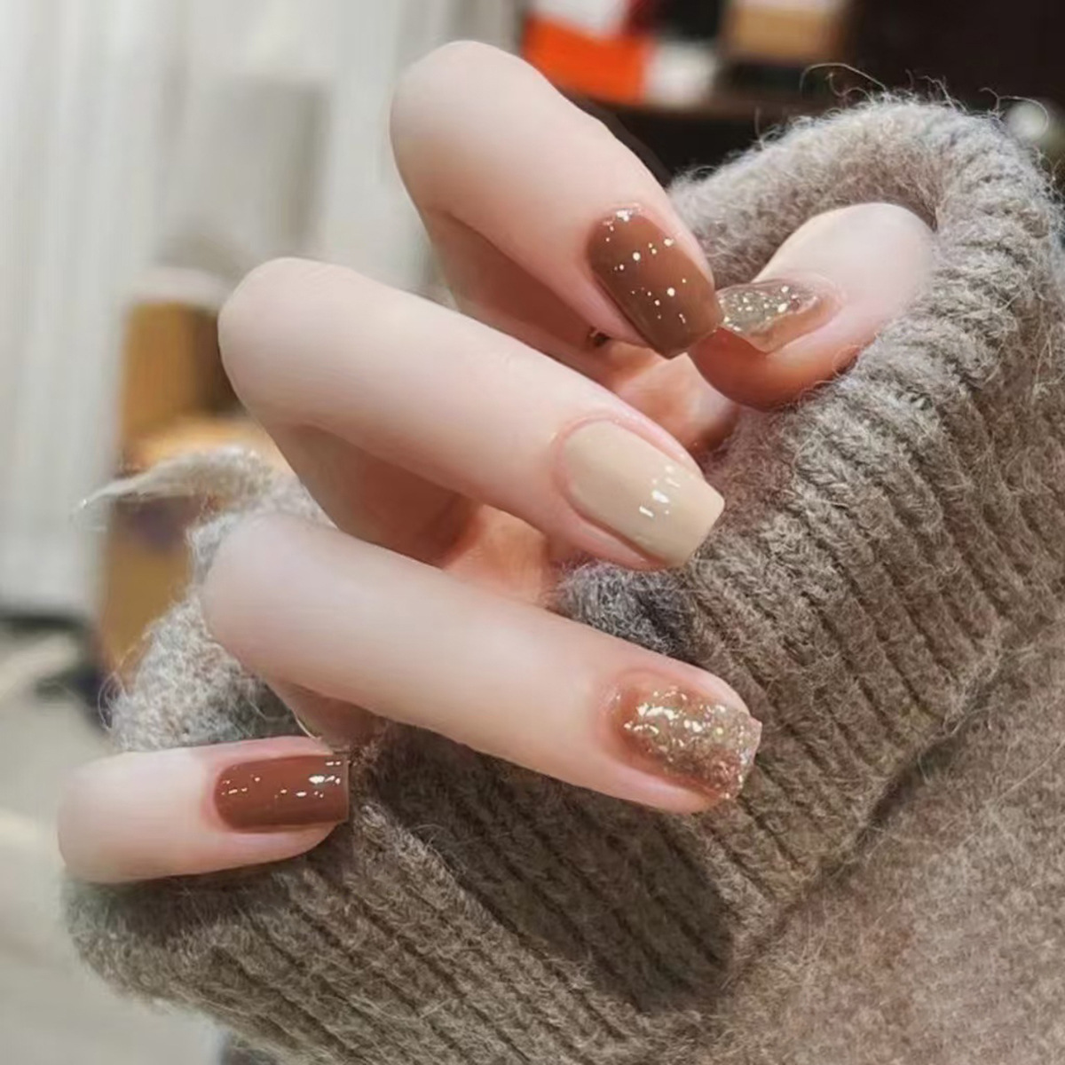 24Pcs Caramel Brown Ombre Glit - Nail Art Simple ulasan dan harga