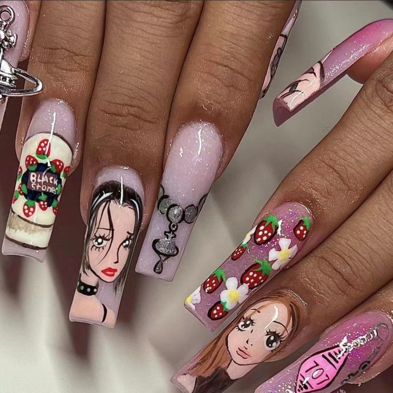 Medium long fake nails for wom - Nail Art Strawberry ulasan dan harga