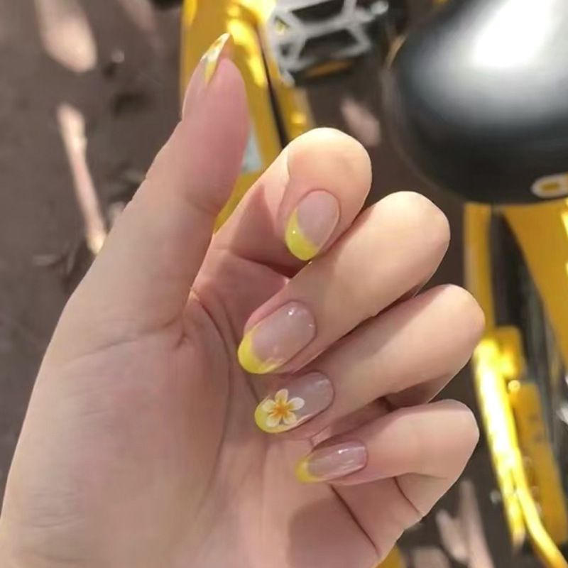 24Pcs Yellow Floral French Des - Nail Art Simple ulasan dan harga