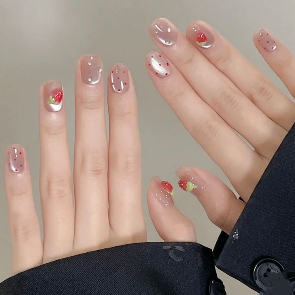 10pcs Short Square Cat Eye Han - Nail Art Strawberry ulasan dan harga