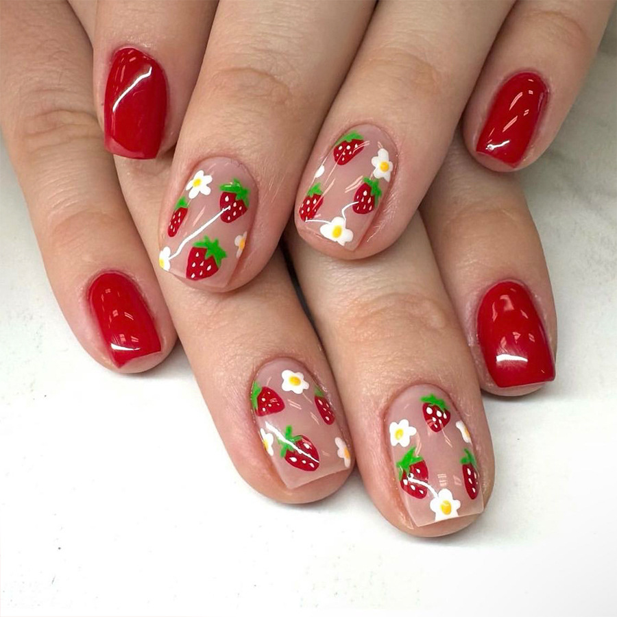 24Pcs Short Square Ballet Pres - Nail Art Strawberry ulasan dan harga