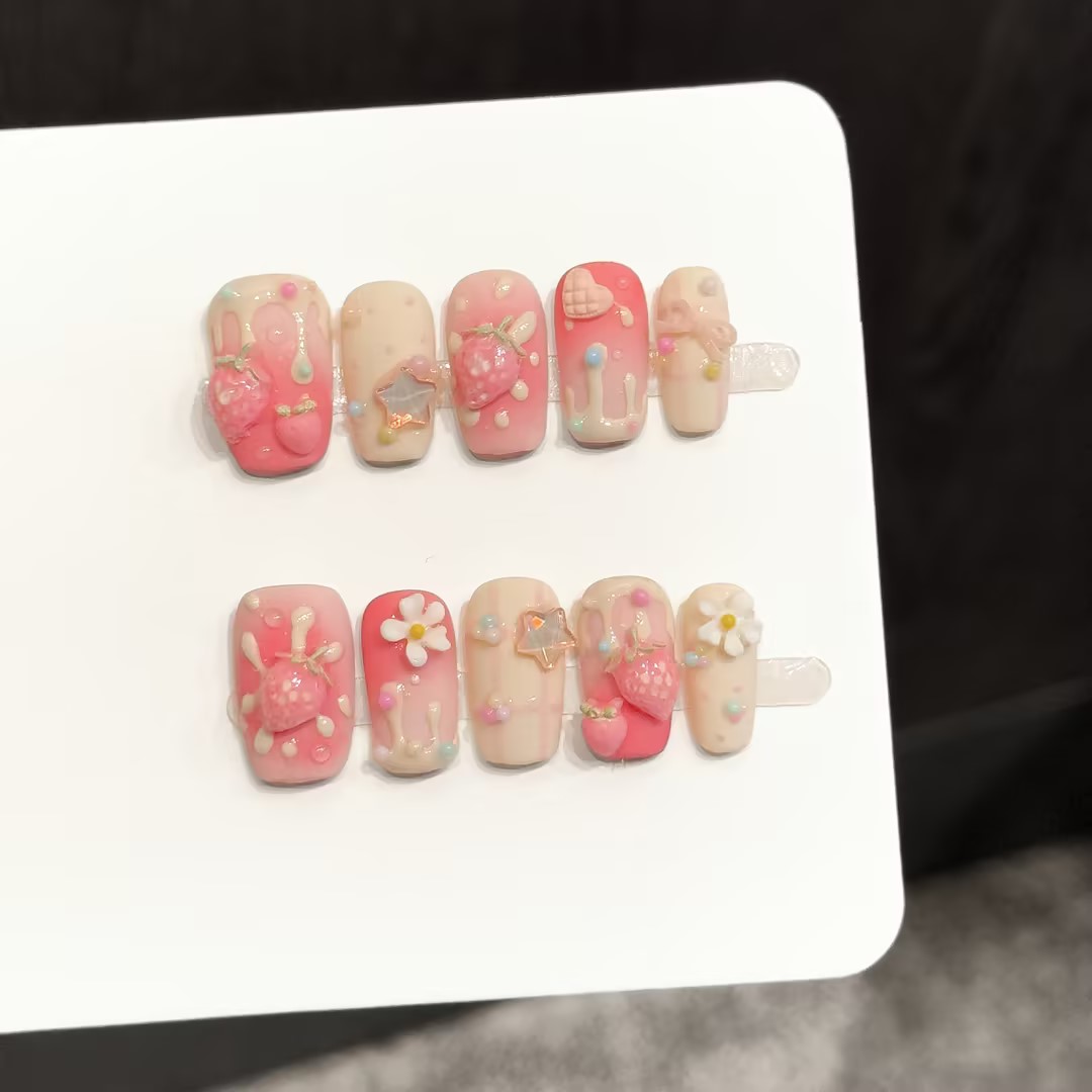 10PCS Square Handmade Press On - Nail Art Strawberry ulasan dan harga