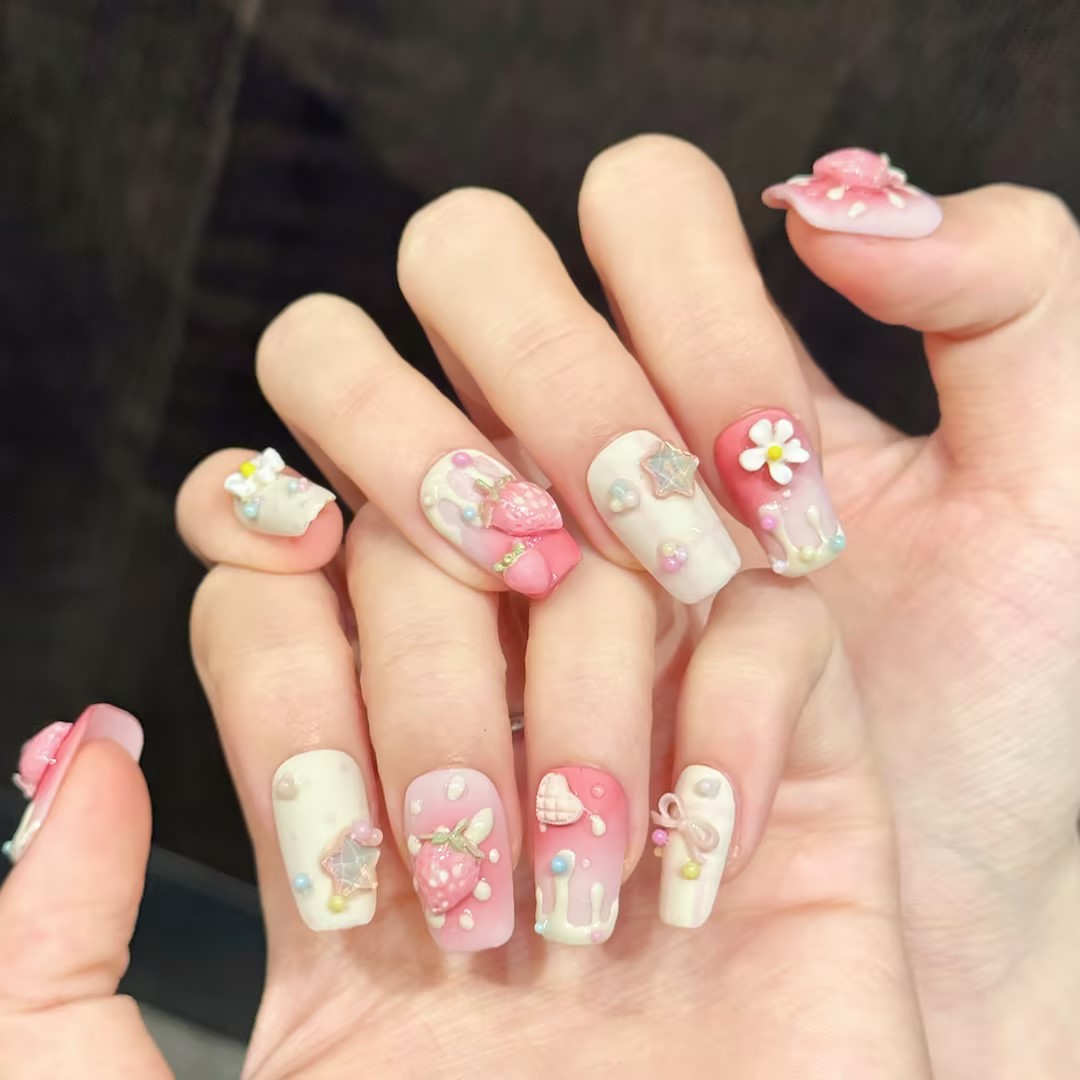 10PCS Square Handmade Press On - Nail Art Strawberry ulasan dan harga