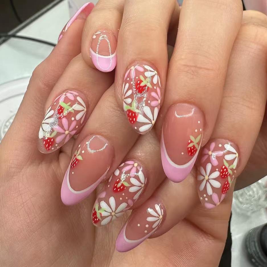 24pcs Ins Short Almond False N - Nail Art Strawberry ulasan dan harga