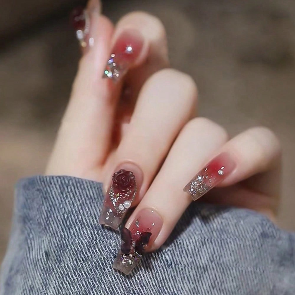 24Pcs Red Rose Butterfly Press - Nail Art Glitter ulasan dan harga