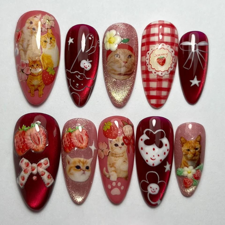 24pcs Strawberry Cat's Eye Pre - Nail Art Strawberry ulasan dan harga