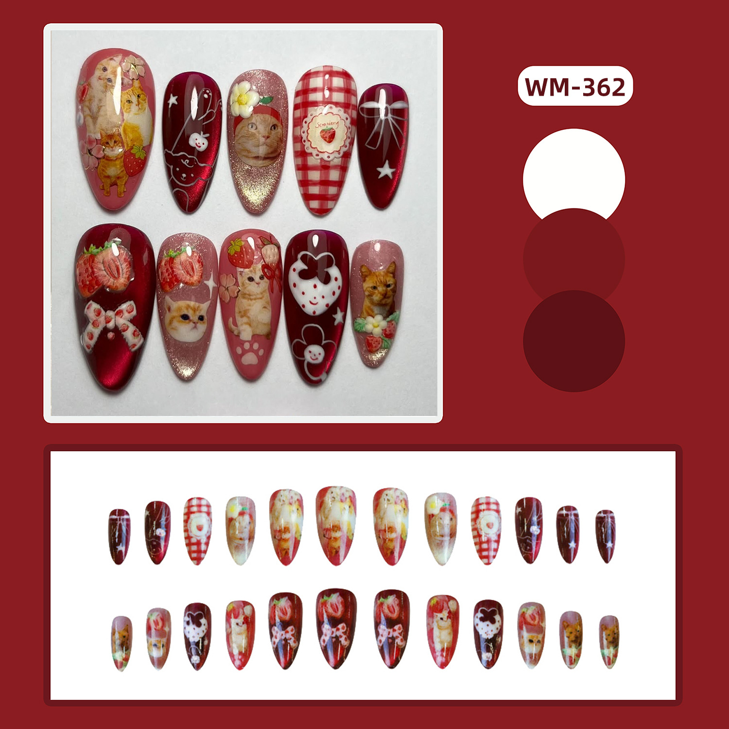 24pcs Strawberry Cat's Eye Pre - Nail Art Strawberry ulasan dan harga